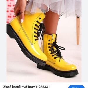 Tamaris Vibrant Yellow Combat Boots with Black Laces and Sturdy Sole